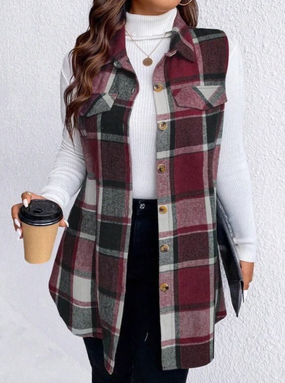 Verve Autumn Winter New Women's Fashion Plaid Sleeveless Turn-down Collar Side Pocket Shirt Vest_voghion.com