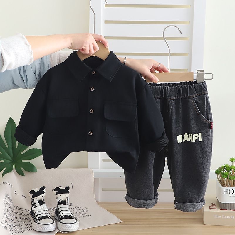 Abbigliamento per bambini primavera autunno 2025, edizione coreana, camicia casual a maniche lunghe, jeans, set da due pezzi, bello e_voghion.com