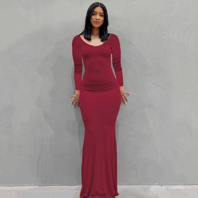 Damenbekleidung Langes Kleid Lässiges, schmales, langärmliges Heimkleid_voghion.com