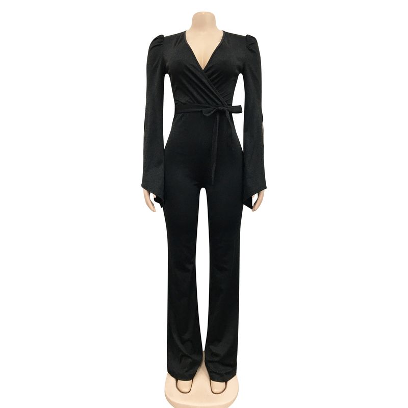Dametøj nyt produkt ensfarvet sexet dyb V-rem plisseret brede ærmer lange bukser jumpsuit til kvinder_voghion.com