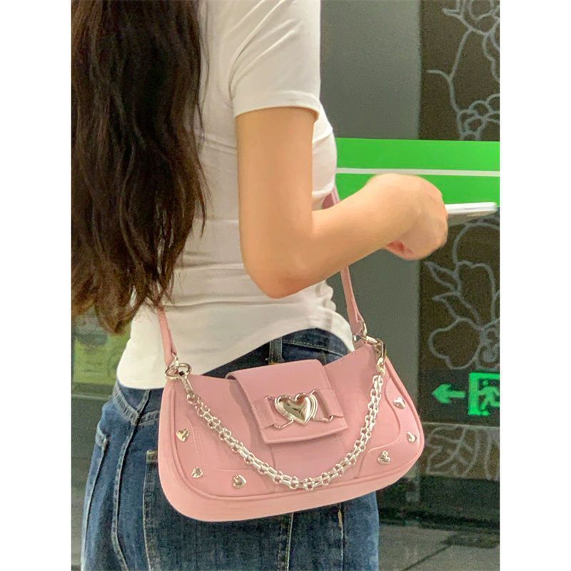 Borsa a tracolla singola con catena a forma di cuore, rosa, fresca e dolce, per ascella, da donna, con motivo a ragazza cool._voghion.com