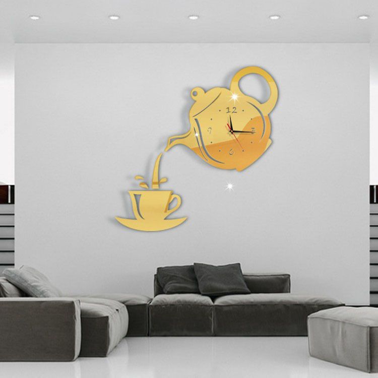 Wall hanging clock, acrylic three-dimensional wall sticker decoration painting, tea pot creative mirror clock_voghion.com