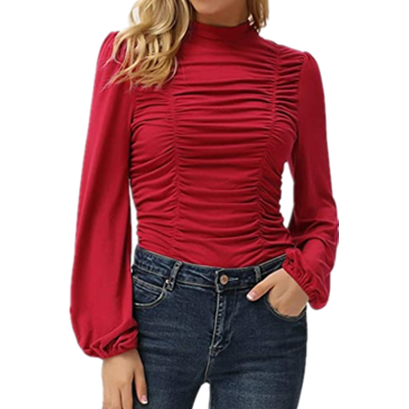 T-shirt slim fit con volant e decorazione a collo alto, manica lunga a lanterna, tinta unita, autunno/inverno 2025, per donna_voghion.com