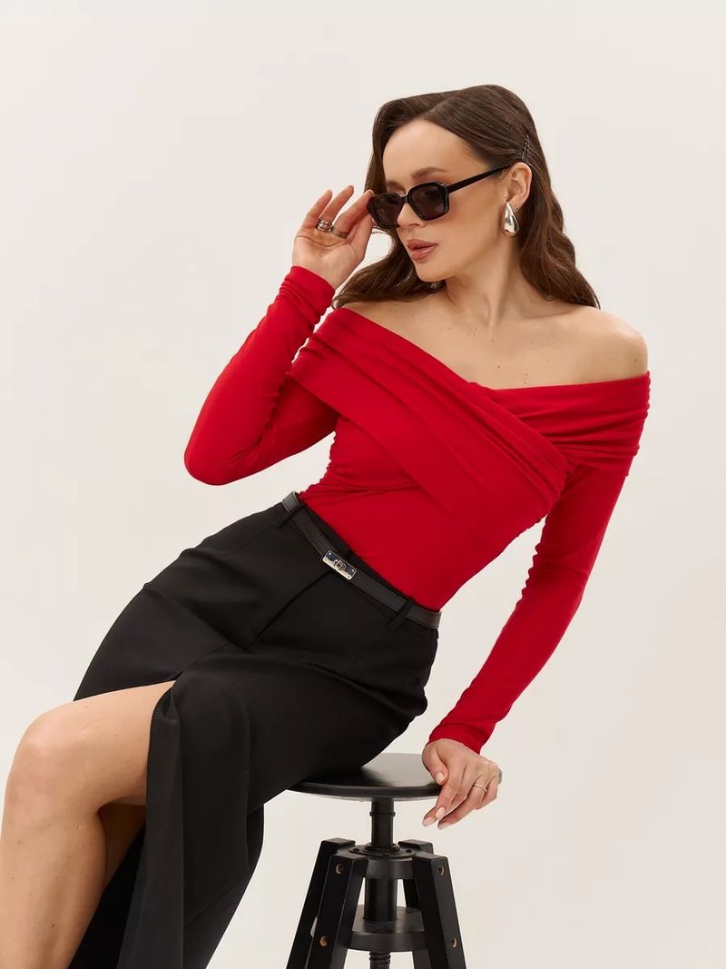 Top avvolgente con volant e spalle scoperte – Camicetta in cotone elasticizzato a maniche lunghe_voghion.com