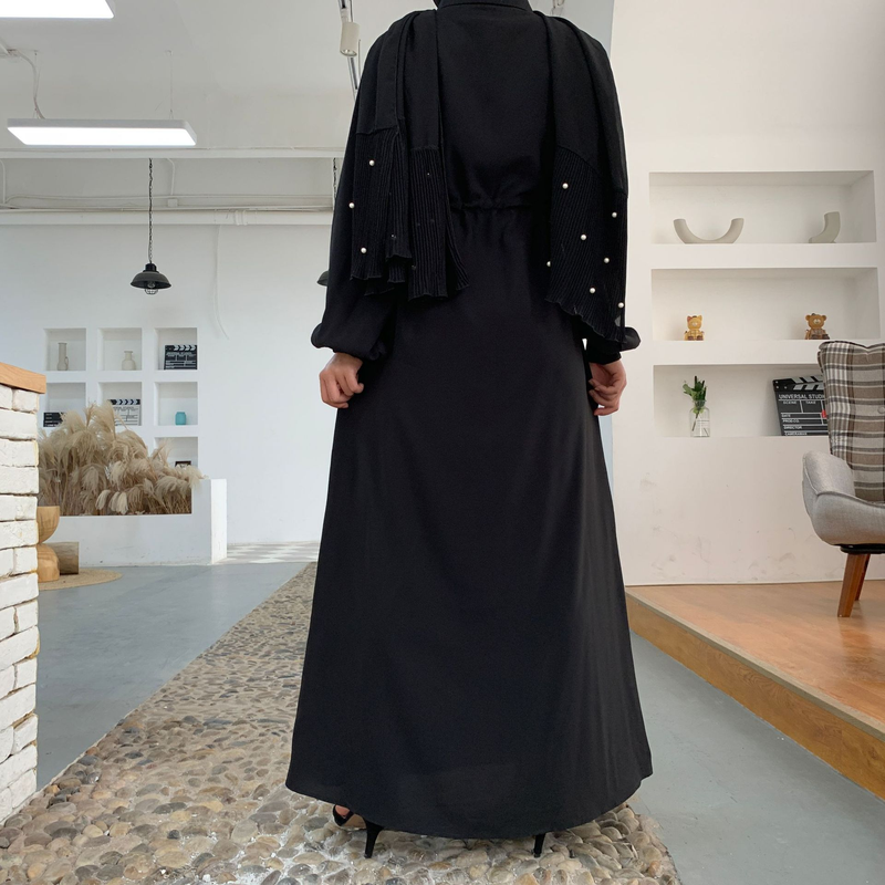 Roupas femininas nova moda muçulmana lapela cor sólida botão completo vestido fino saia longa_voghion.com
