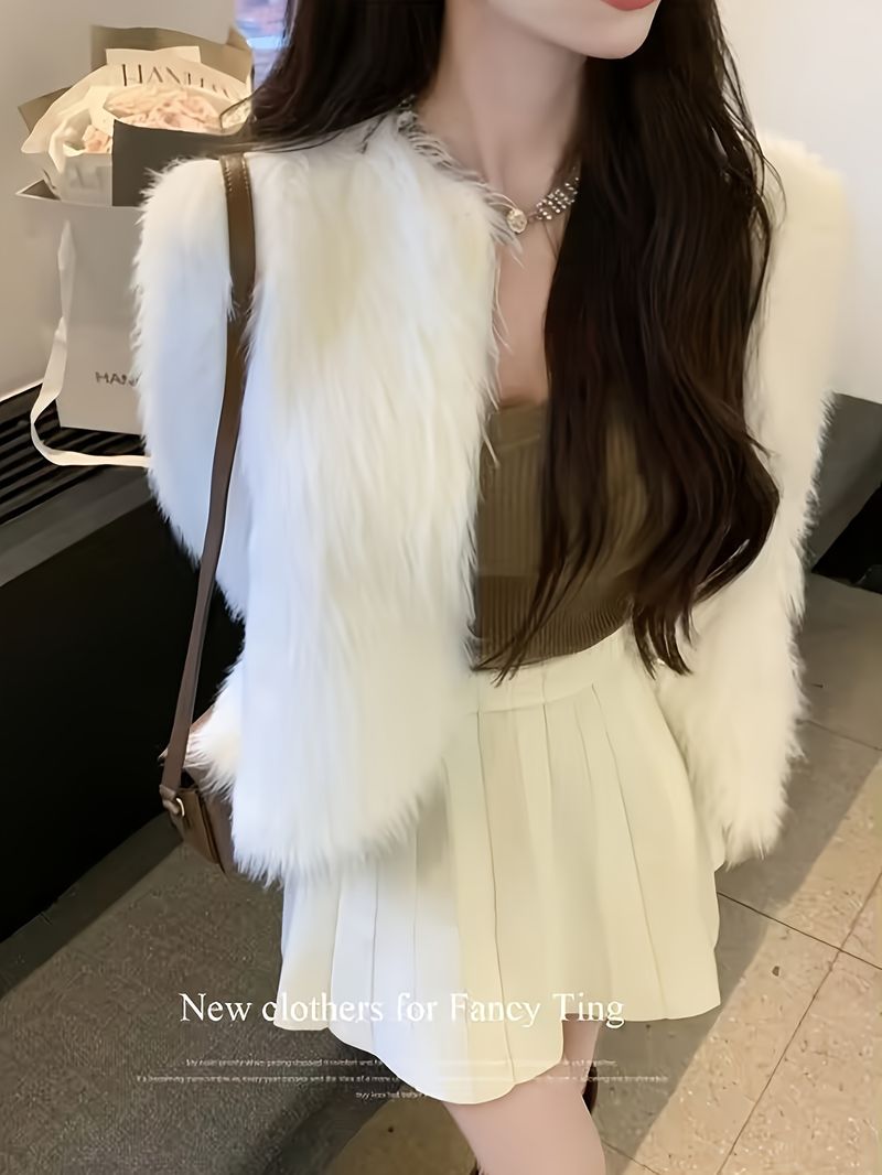 Cappotto elegante da donna in peluche bianco con fodera in pelliccia, maniche lunghe e bottoni sul davanti - Colore unito, caldo, lunghezza regolare, capospalla autunnale._voghion.com