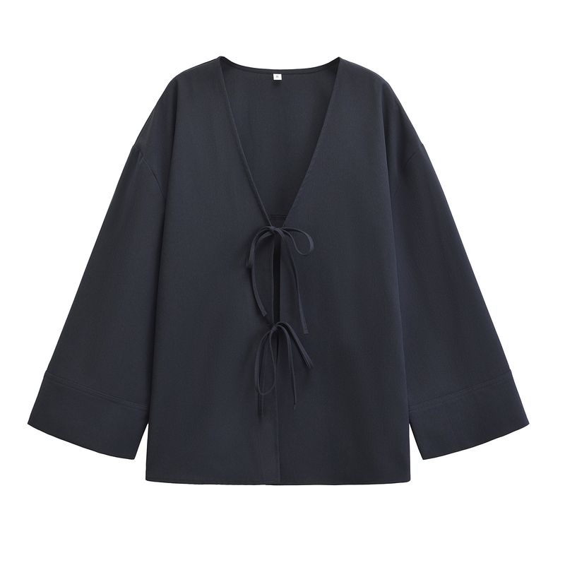 Ropa de mujer Otoño 2024 Nueva moda callejera Camisa estilo kimono con textura de cuello en V_voghion.com