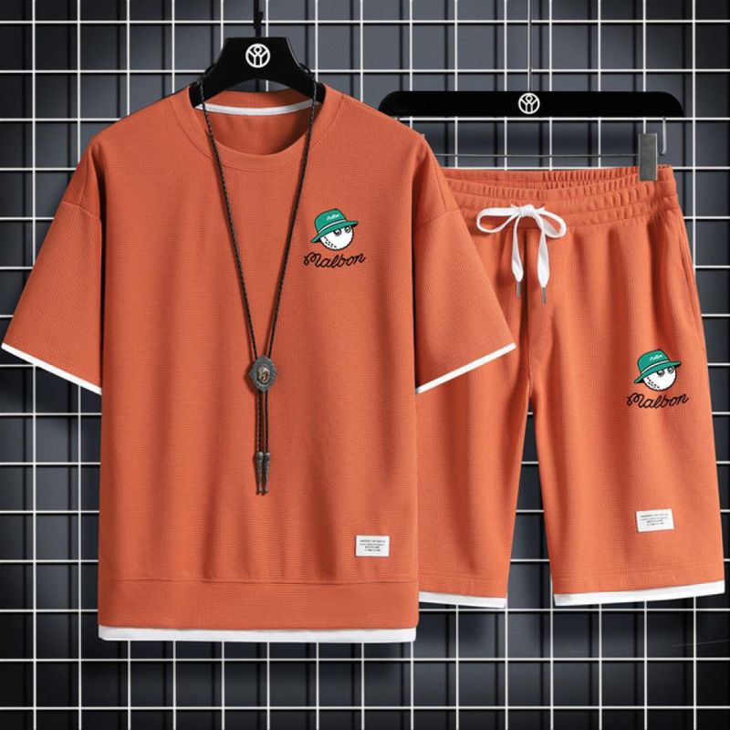 Neu Golf Waffel Herren Trendy Freizeit Sport Lose Atmungs Mode Zwei Stück Set Für Männer_voghion.com