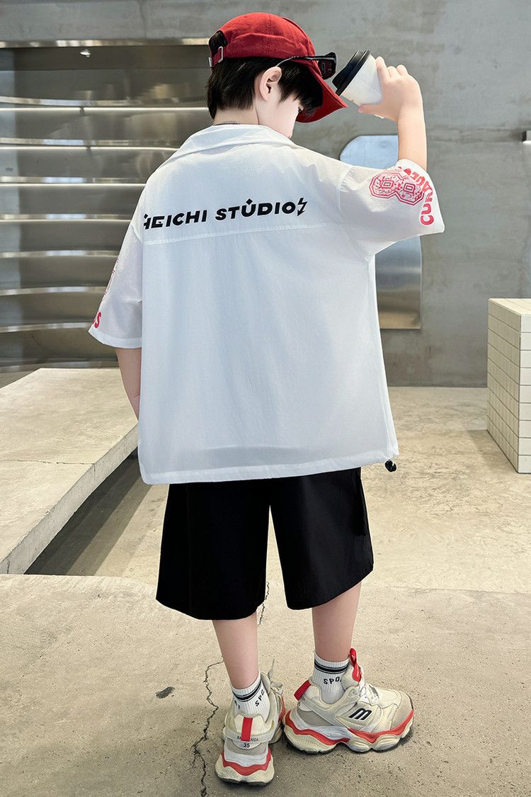 Boys' Graphic Print Short Sleeve Shirt – Soft Polyester, Black & White Casual Tee For Teens (120-170cm)"_voghion.com