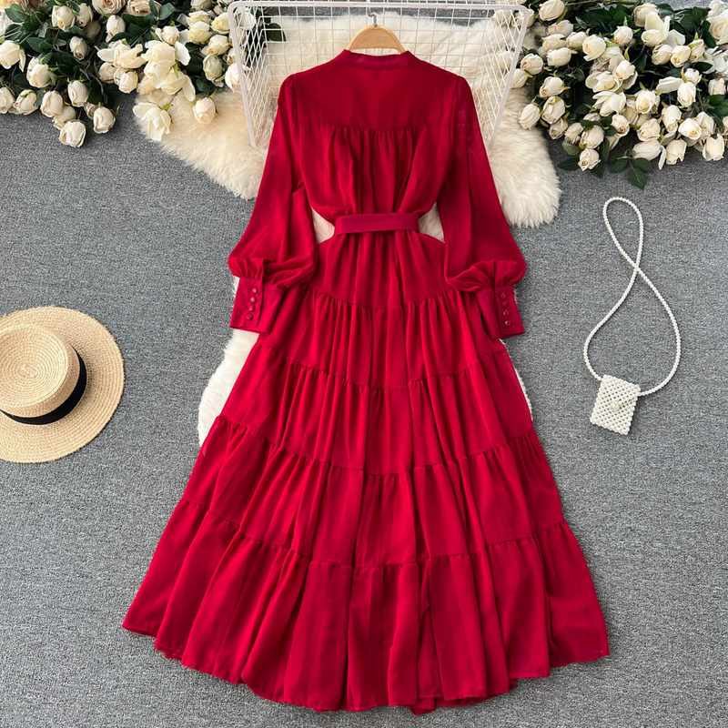 Kadın V yaka tek göğüslü şifon Fransız vintage bel zayıflama büyük salıncak A-line uzun etek_voghion.com