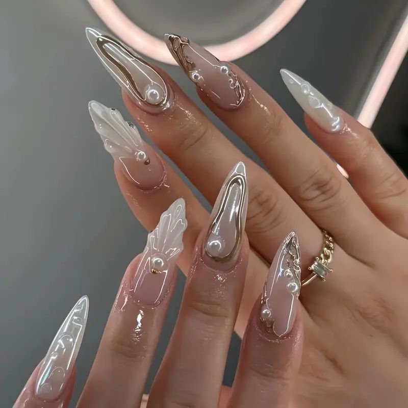 Lange künstliche Nägel in Mandelform – 3D-Muster mit tropfendem Kleber, Blume und Jakobsmuschel, elegante tragbare Nagelkunst_voghion.com