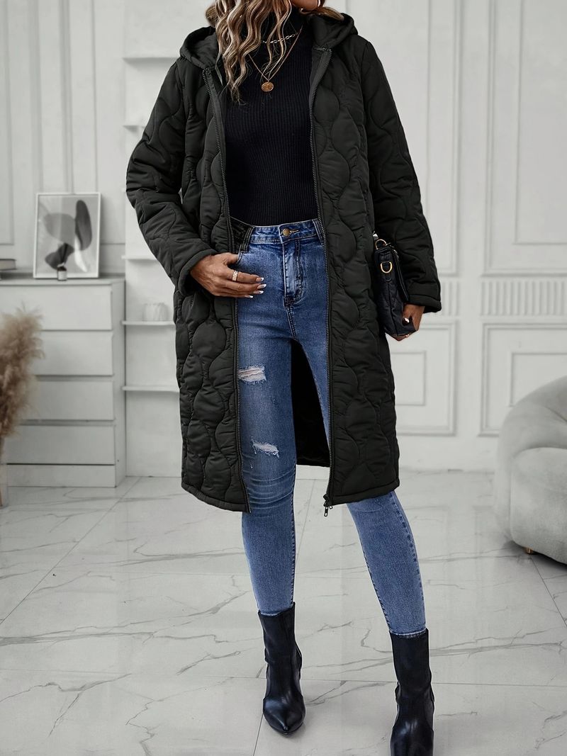 Giacca casual lunga da donna con cappuccio, imbottitura in cotone e poliestere, vestibilità ampia, cerniera frontale, tasche multiple - Nero, Cachi, Verde militare (S-XXL)_voghion.com