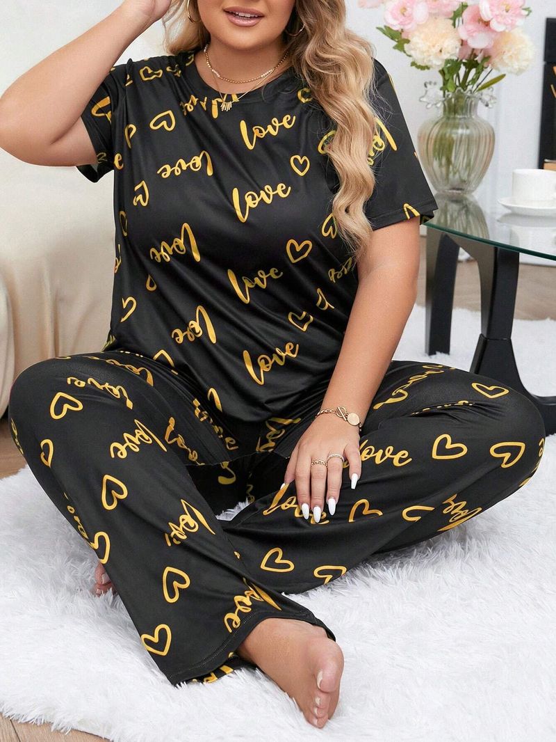Women's Sleepwears Large Size Home Clothes Plus Size Plus Size Love Round Neck Short Sleeved Trousers_voghion.com