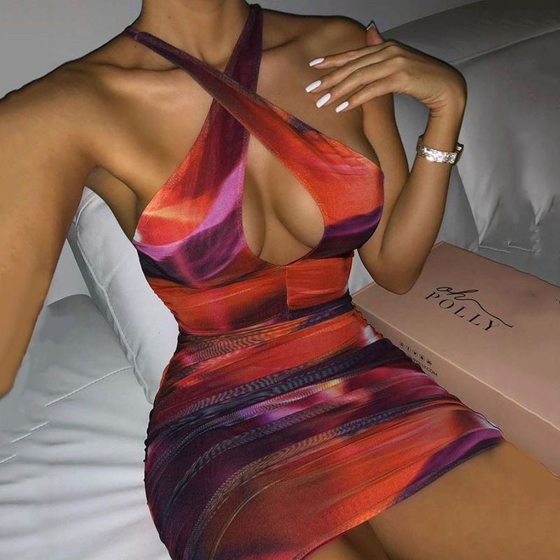 2021 Picture Red Short Skirt With Thin Waist Commuter Neck Hanging Milk Silk Printed And Dyed Women's Wear_voghion.com