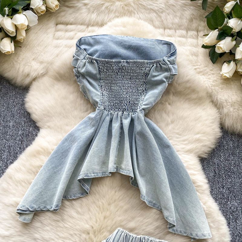 Roupas femininas Pure Desire To Wear Vestido de verão feminino Design Cintura Sem mangas Top tubo irregular Colete Cintura alta Fenda Saia jeans_voghion.com