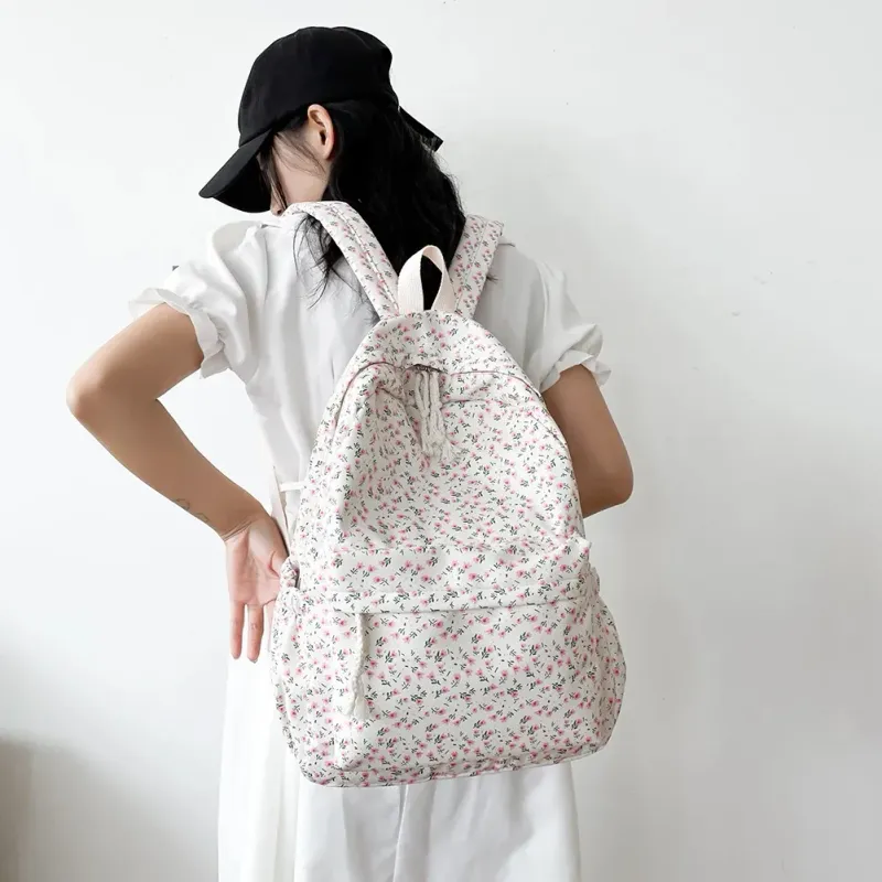 Zaino scolastico coreano per studenti, con motivo floreale, bianco, per ragazze adolescenti, grazioso zaino da donna, in nylon 250514l_voghion.com