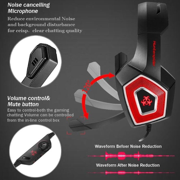 V1 3,5 mm RGB fargerikt lysende ledningsstyrt spillheadset, kabellengde: 2,2 m (svart rød)_voghion.com