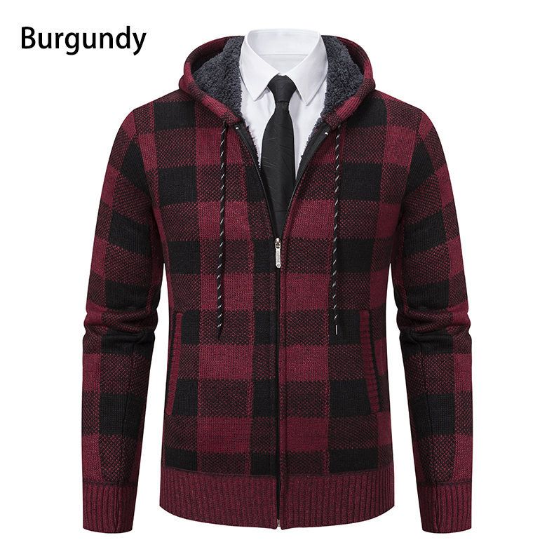 Men's Clothing Plus Velvet Thickened Cardigan Hooded Sweater Fleece-Lined Hooded Cardigan – Plaid & Color-Block Knit Jacket (5 Colors, Sizes M-4XL)_voghion.com