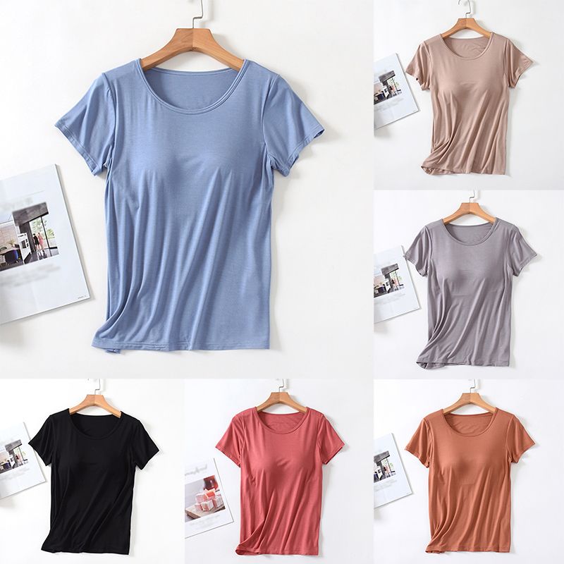 hot selling Women's Modal With Bra Pads Short-Sleeved Top Round Neck Thin Homewear T-Shirt Bottom Shirt Pamas_voghion.com