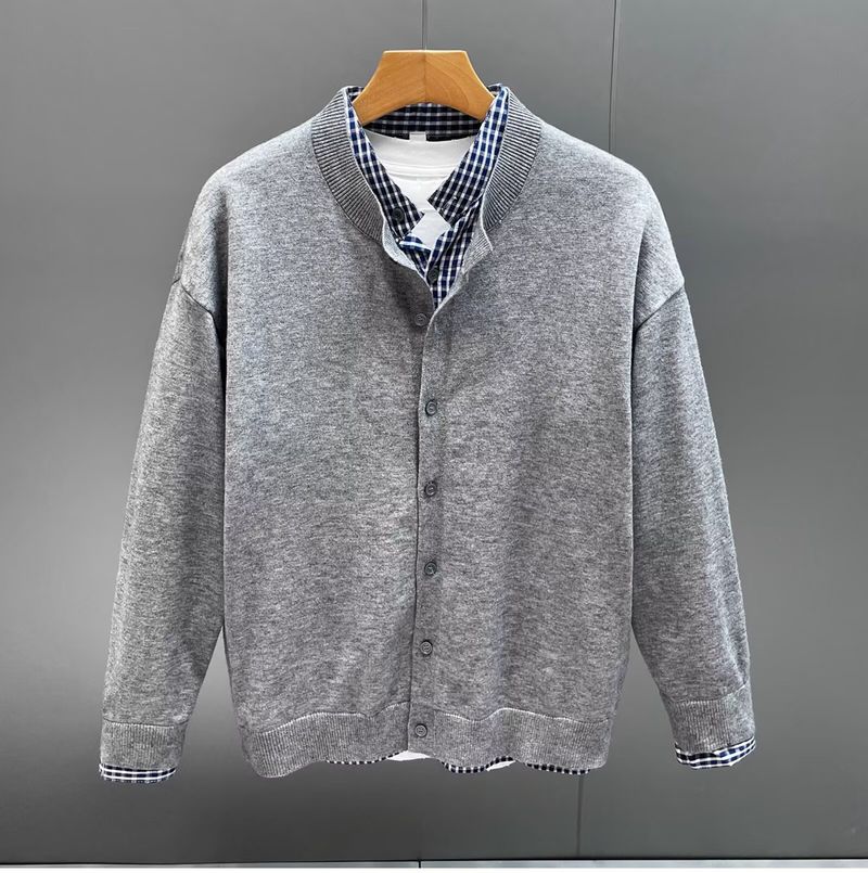Herren-Strickjacke mit kariertem Patchwork-Muster – lässiger, locker sitzender Pullover mit offener Vorderseite für Herbst und Winter_voghion.com