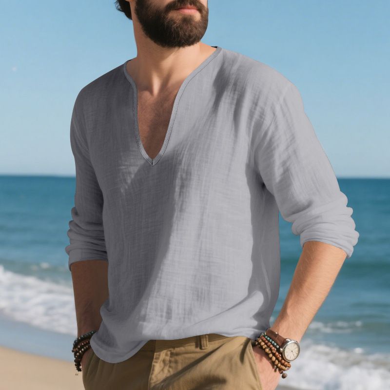 Maglietta a maniche lunghe da uomo in lino, casual, traspirante, con scollo a V, taglia grande, nuova collezione autunno-inverno_voghion.com