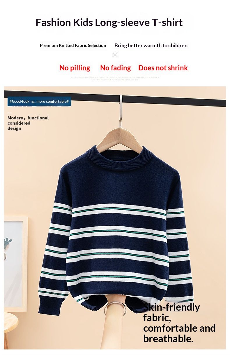 Children's Student Pure Cotton Knitted For Older Boys Autumn Thin Top Stylish Striped Sweater_voghion.com
