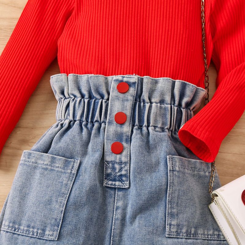 Mãe e filhos Roupas infantis para meninas Cor sólida Manga comprida Gola alta Pulôver Babados Calças jeans Conjunto de duas peças_voghion.com