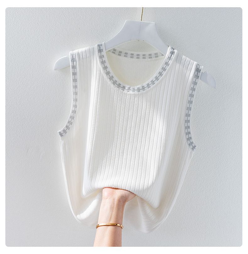 Damenbekleidung Eisseiden-Camisole-Weste für Damen, weißes Unterhemd, lockere helle Seide, modisches Design-Oberteil für den Sommer_voghion.com