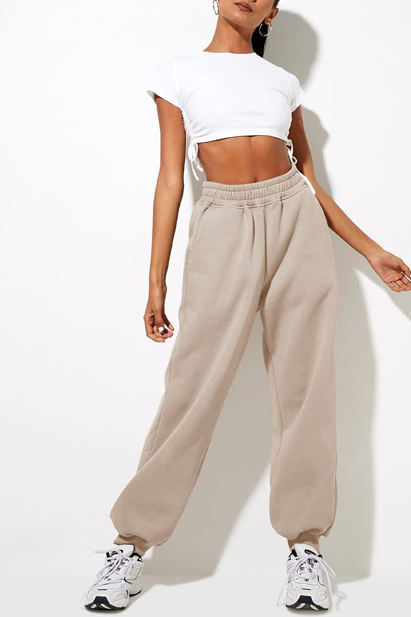 Pantaloni casual sportivi in tinta unita da donna con gambe larghe_voghion.com