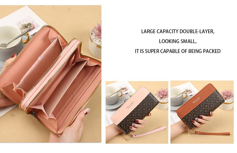 New style ladies double pull wallet color matching clutch bag card holder summer versatile fashion coin purse female mobile phone bag large capacity_voghion.com