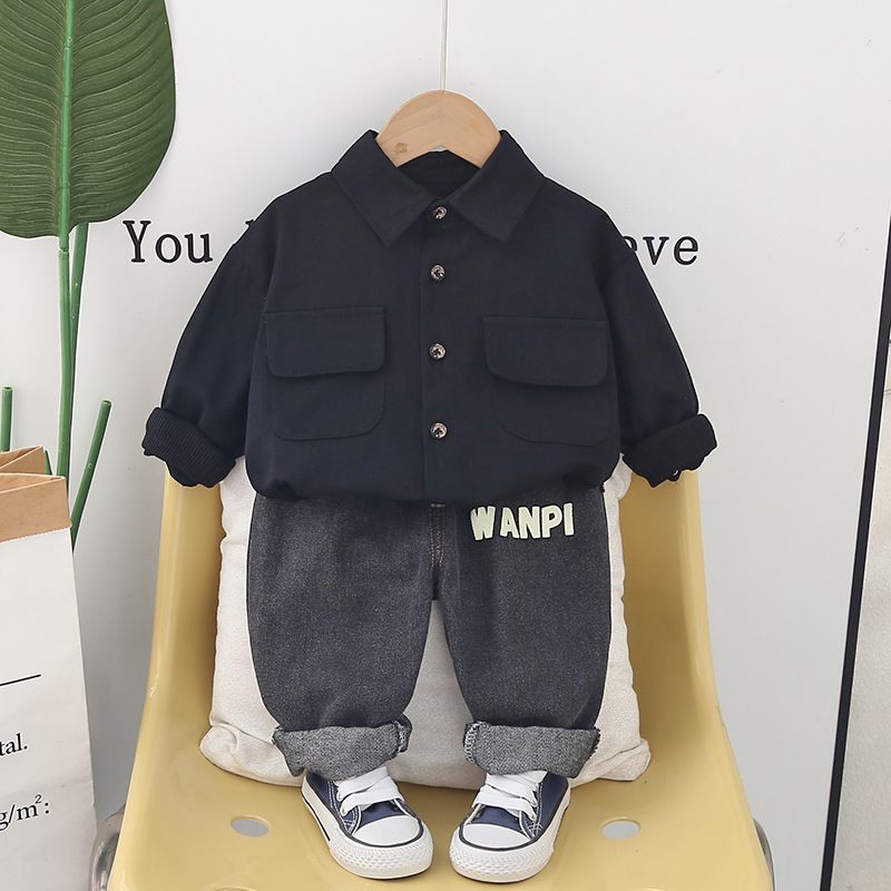 Abbigliamento per bambini primavera autunno 2025, edizione coreana, camicia casual a maniche lunghe, jeans, set da due pezzi, bello e_voghion.com