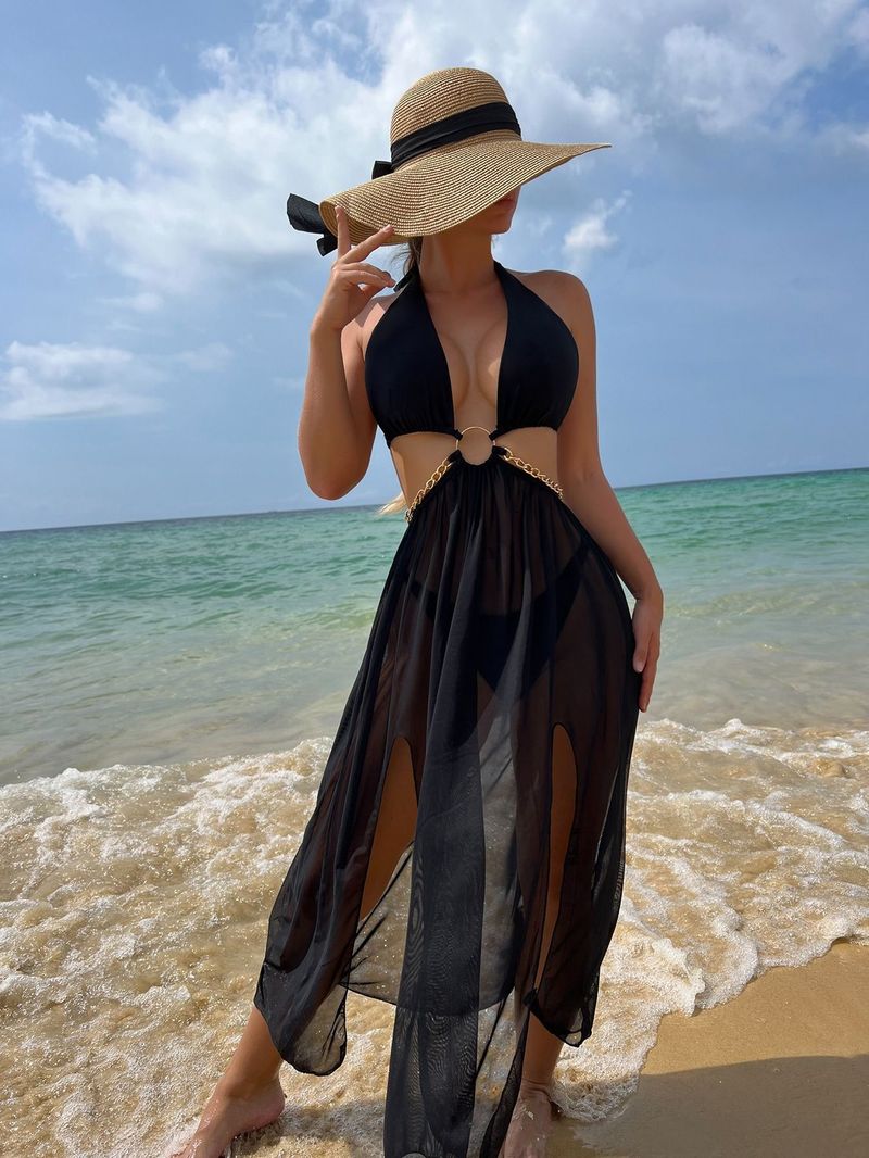 Maillot de bain une pièce pour femme, bikini dos nu en maille ajourée, maillot de bain tendance pour femme, design ajouré, tissu polyester de couleur pure_voghion.com