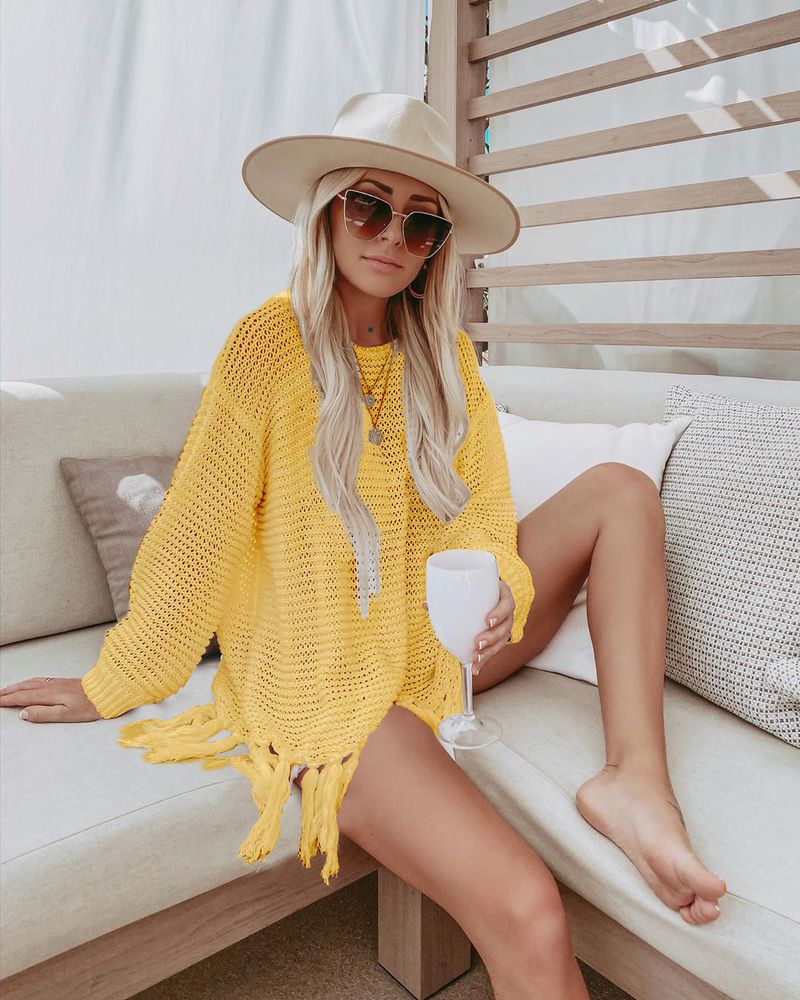 Women's Crochet Lace Fringe Beach Cover Up – Boho Chic Bikini Wrap, Lightweight Sun Protection Shirt, One Size Fits All_voghion.com