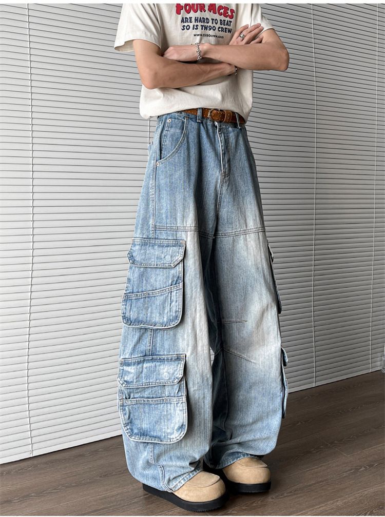 Pantalon de travail ample à jambes larges et délavé pour homme, marque de mode de grande rue, style rétro_voghion.com