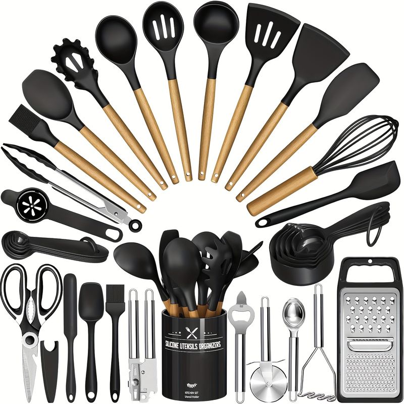 34-teiliges Küchenhelfer-Set aus Silikon mit Halter, hitzebeständig, antihaftbeschichtet, Kochgeschirr, Werkzeuge, schwarze Holzgriffe, Vatergeschenk_voghion.com
