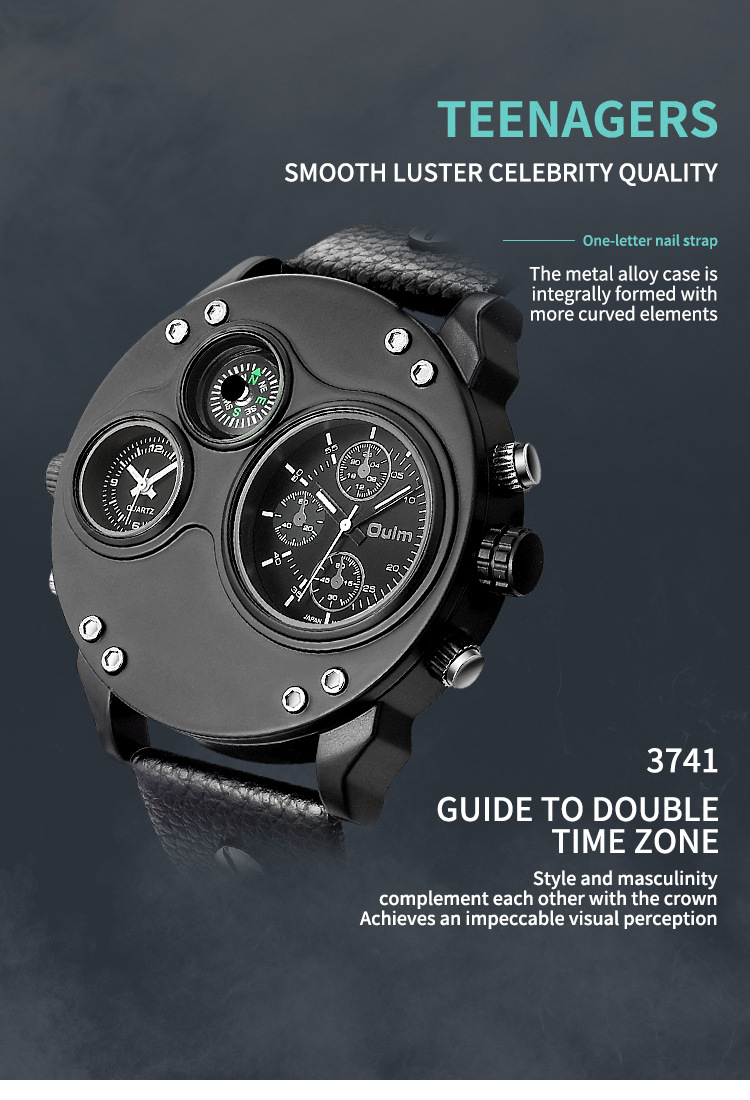 Relógio masculino estiloso de quartzo com mostrador grande e fuso horário duplo, pulseira de couro, bússola e cristal mineral, relógio masculino fashion_voghion.com