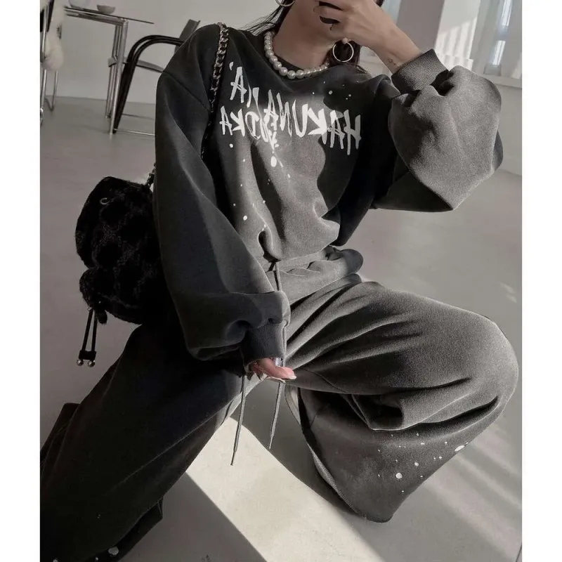 Ensemble deux pièces décontracté et tendance pour femme, printemps-automne, composé d'un sweat-shirt ample et d'un pantalon de jogging._voghion.com