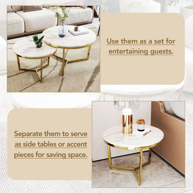 Modern Round Nesting Coffee Table Set 2-Piece White & Marbling Top Gold Base_voghion.com
