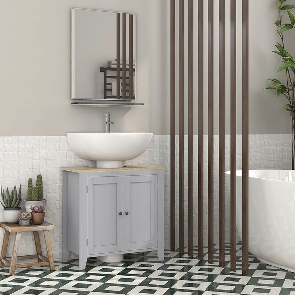 kleankin Bathroom Vanities, Pedestal Sink Cabinet With U-Shaped Cut-out And Adjustable Shelf, Gray_voghion.com