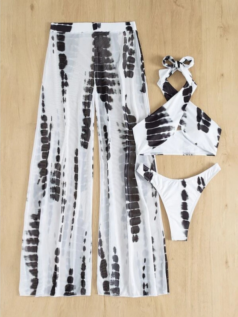 Women's Full Print Vertical And Horizontal Bikini Swimsuit And Covered Pants Bikini_voghion.com