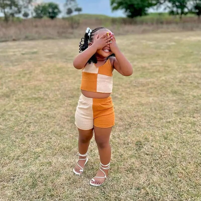 Ensemble de vêtements d'été pour bébés filles de 1 à 8 ans, haut court sans manches + short en Patchwork, pantalons pour enfants, tenues décontractées_voghion.com