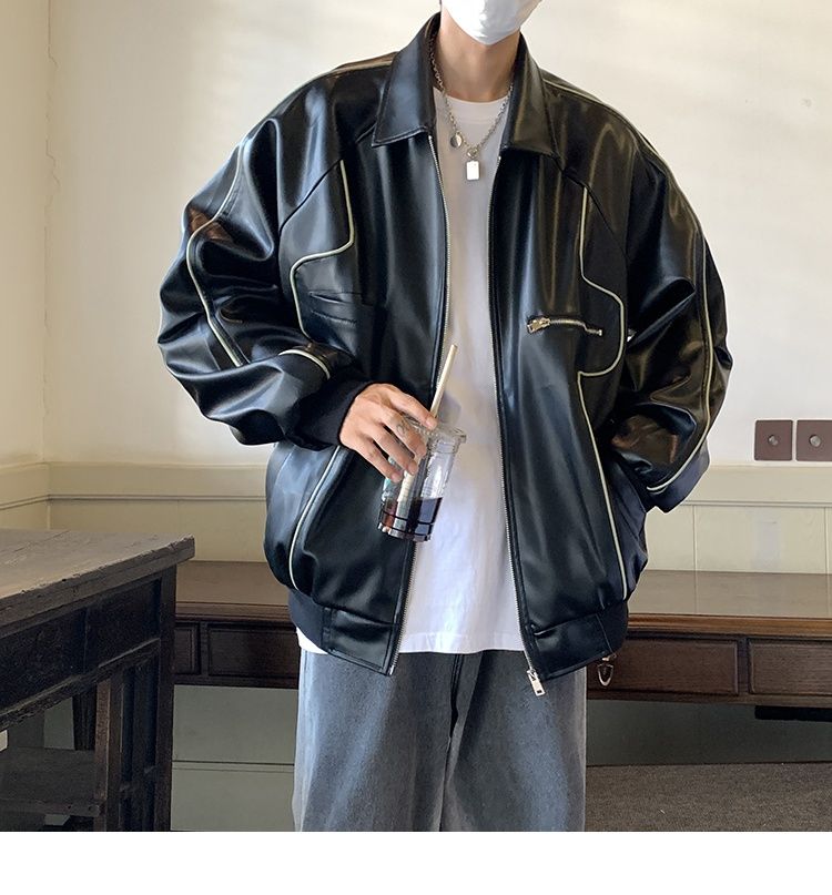 Veste en cuir noir rétro américaine Hue pour homme, collection printemps-automne, idéale pour la moto._voghion.com