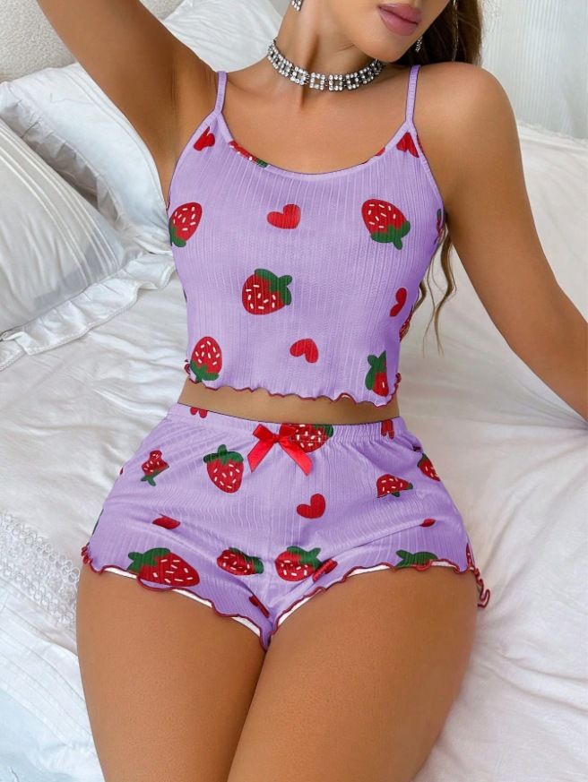 Zweiteiliges Set aus Camisole-Shorts mit Herz-Print und sexy Loungewear aus Milchseide_voghion.com