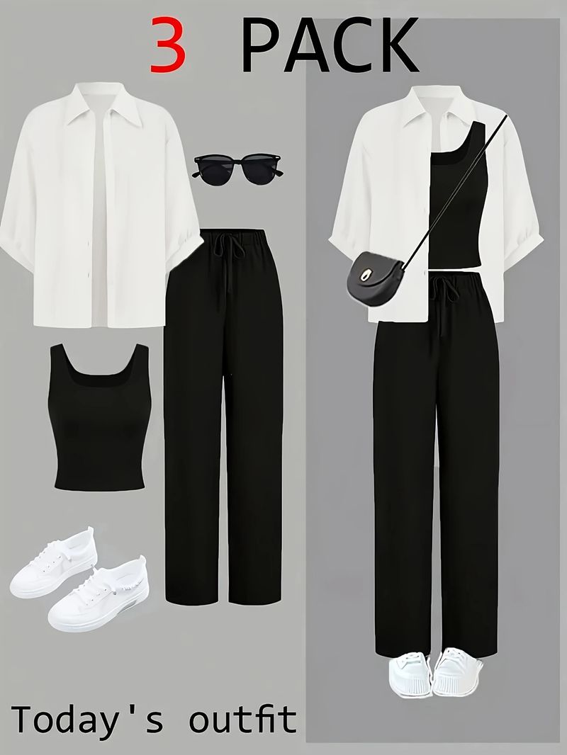 Conjunto de roupas femininas Dopamine Summer Outfit - Camisa slim, regata e calça, combinação de 3 peças | Fluido e jovial | Branco + Preto / Branco + Marrom | P-XGG_voghion.com