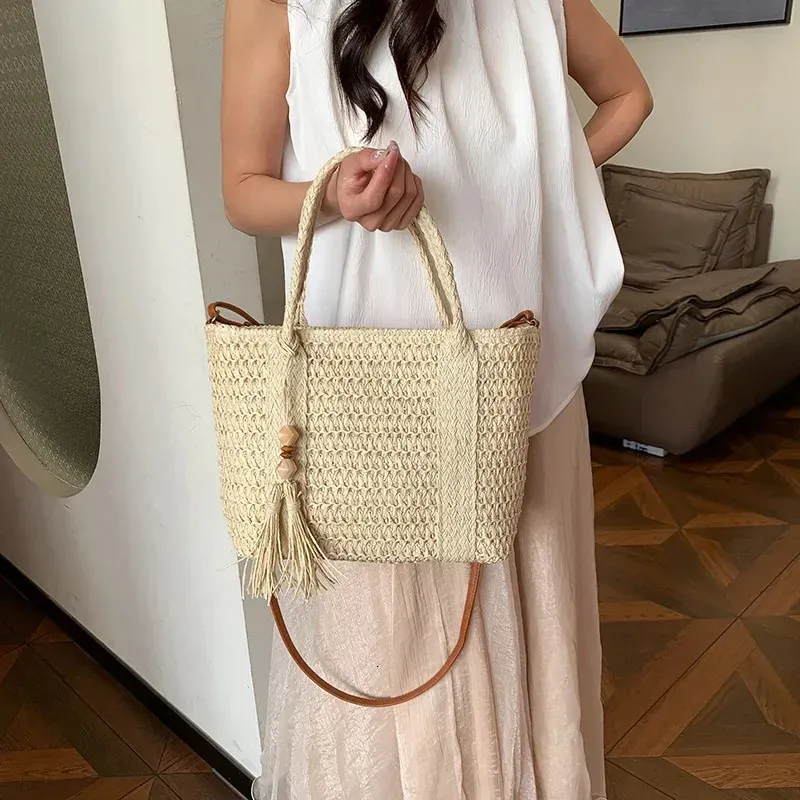 Stroh-Strandtasche mit Reißverschluss, Schultergurt, verstellbarer Tragegriff, Umhängetasche für Damen, Reisen, Urlaub 250614l_voghion.com