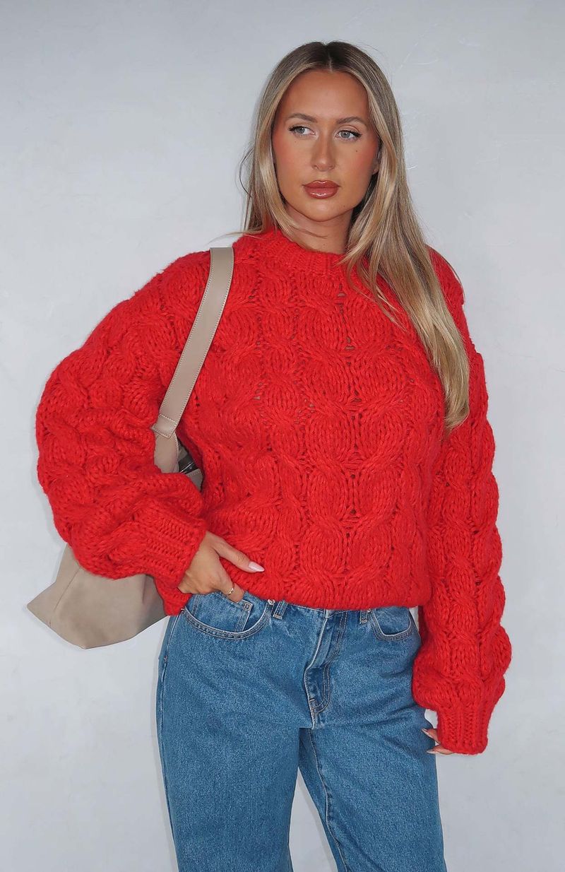 Women's Clothing Women's Oversized Cable Knit Sweater - Chunky Ribbed Pullover (Red/Grey/Cream, S/M/L/XL)_voghion.com