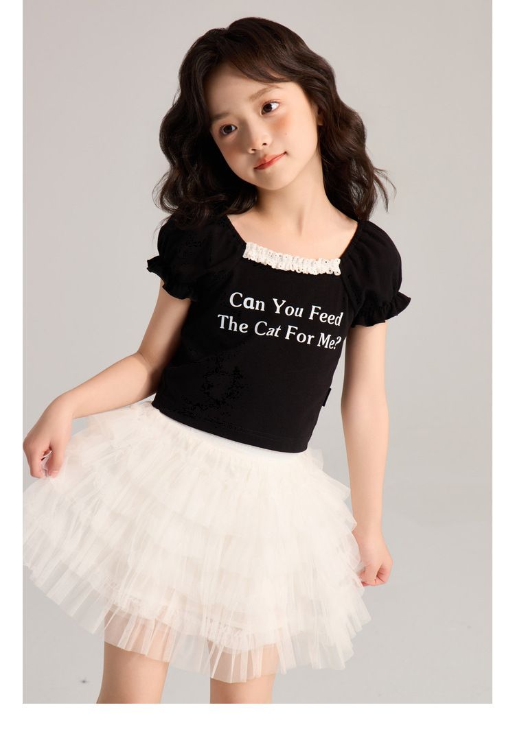 Ropa para niños Verano Nuevo Simple Transpirable Letra Estampado Casual Encaje Mangas cortas_voghion.com