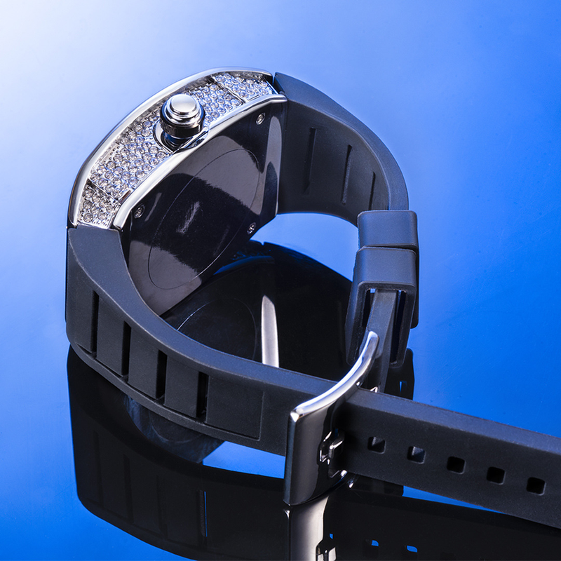 Montre squelette à quartz pour homme en acier inoxydable avec bracelet en caoutchouc noir, cadran lumineux, étanche, design élégant en forme de tonneau. Montre à quartz classique._voghion.com