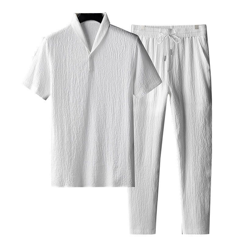 Herrenbekleidung Sommer Neuer lässiger Sportanzug Herren Trendy Plissee Dünn Grün Obstkragen Kurzarm Lange Hosen Zweiteiliger Anzug_voghion.com