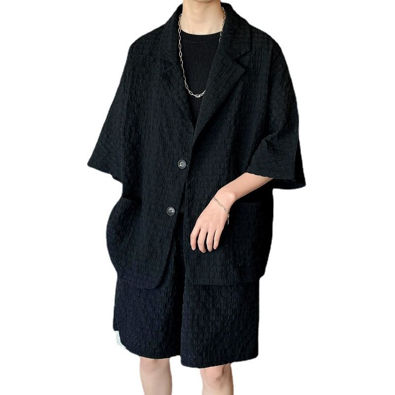 Costume CT à texture gaufrée pour homme, tenue d'été cool, blazer, veste, short ample tendance, ensemble deux pièces_voghion.com